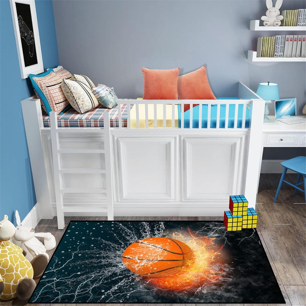 Black Basketball Sport Rug for Boys Bedroom and Playroom, Non-Slip Basketball Carpet, Living Room and Bedroom Decor
