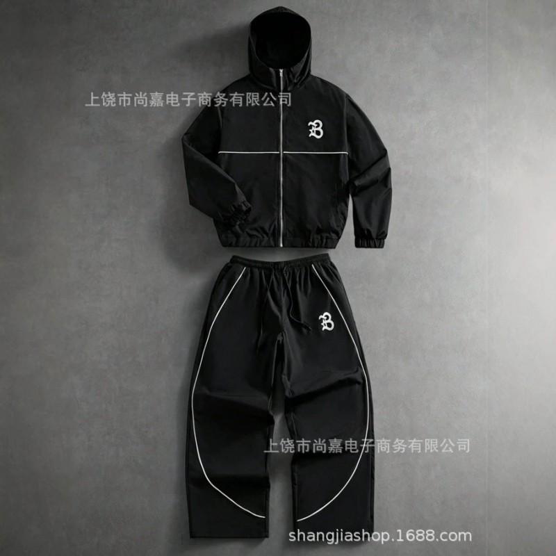 Mens Hooded Zip-Up Letter Print Tracksuit Set Casual Sportswear Lightweight Air Layer Fabric Fall