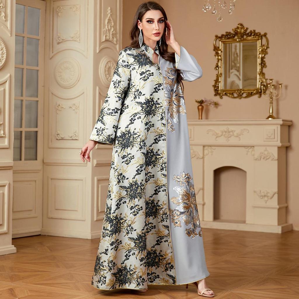 Middle East Muslim Women's Color Block V-Neck Jacquard Dress