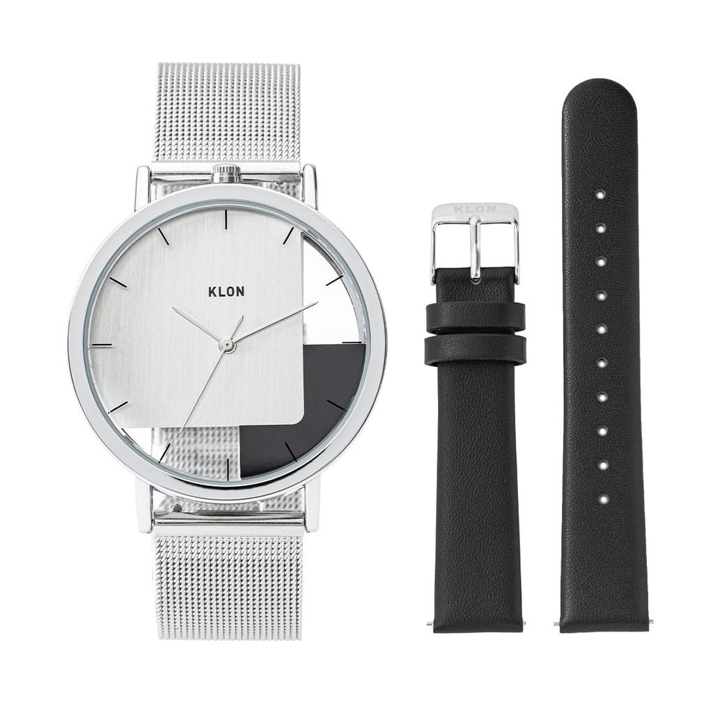 KLON INVISIBLE OVERLAPPING TILES SILVER BLACK LEATHER STRAP SET 38mm Skeleton Replacement Strap Set - - Watch, Clear, Unisex, Men's, Women's, Simple,
