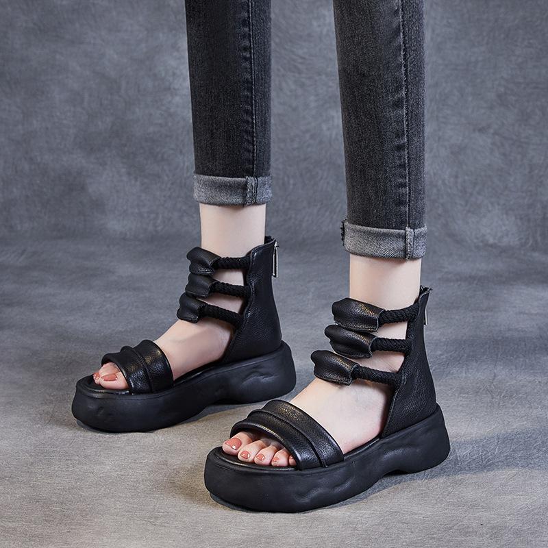 GKTINOO 8cm Natürliches Echtes Leder Sandalen Stiefel Ballerinas Plateau Keil Sommer Damen Ausgehöhlte Pumps Peep Toe Stiefeletten Mary Jane Schuh