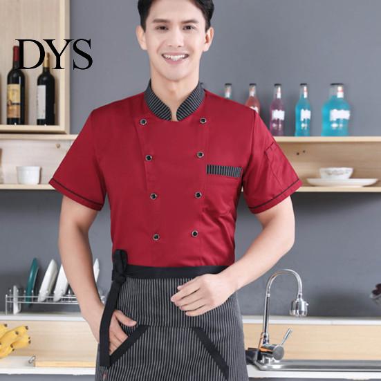 Waiter Garment Stand Collar Short Sleeve Double Breasted Patch Pocket Splicing Color Chef Top Uniform Women Men Service Bakery Breathable Shirt