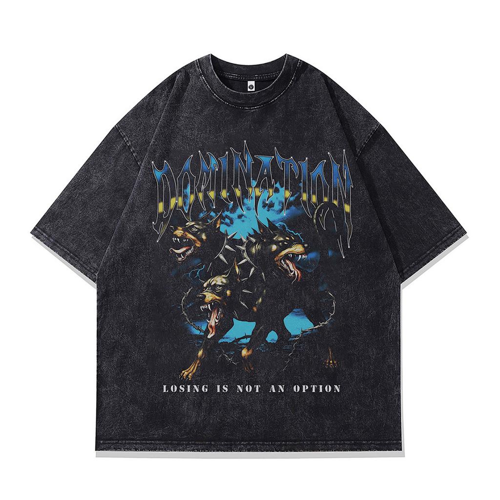 Summer Men'S Trendy Brand Short-Sleeved T-Shirt American High Street Vintage Doberman Print Fried Color T-Shirt