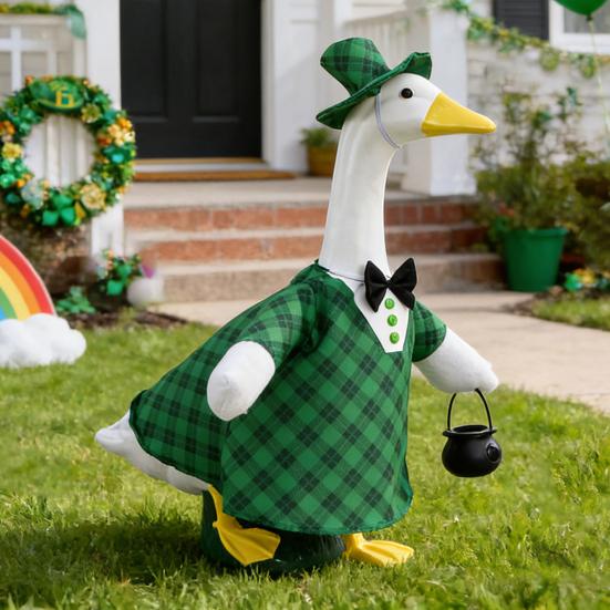 1 Set St. Patrick's Day Porch Goose Outfits Outdoor Garden Lawn Yard Goose Statue Costume Hat Black Carrying Basket Holiday Dress-up Clothing