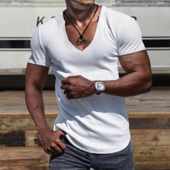 Men Shirt V-Neck Solid Color Breathable Sweat Absorption Quick Dry Dress-up Washable Summer Men Sports T-Shirt Pullover Top for Men