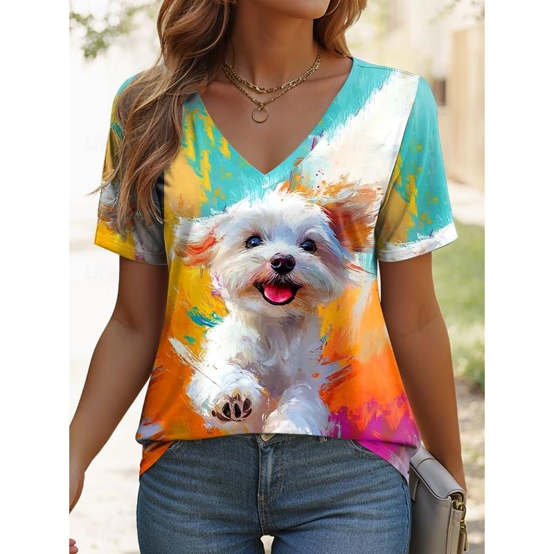 Women's T Shirt Graphic Animal Dog Vintage Stylish Casual Short Sleeve V Neck Regular Tops