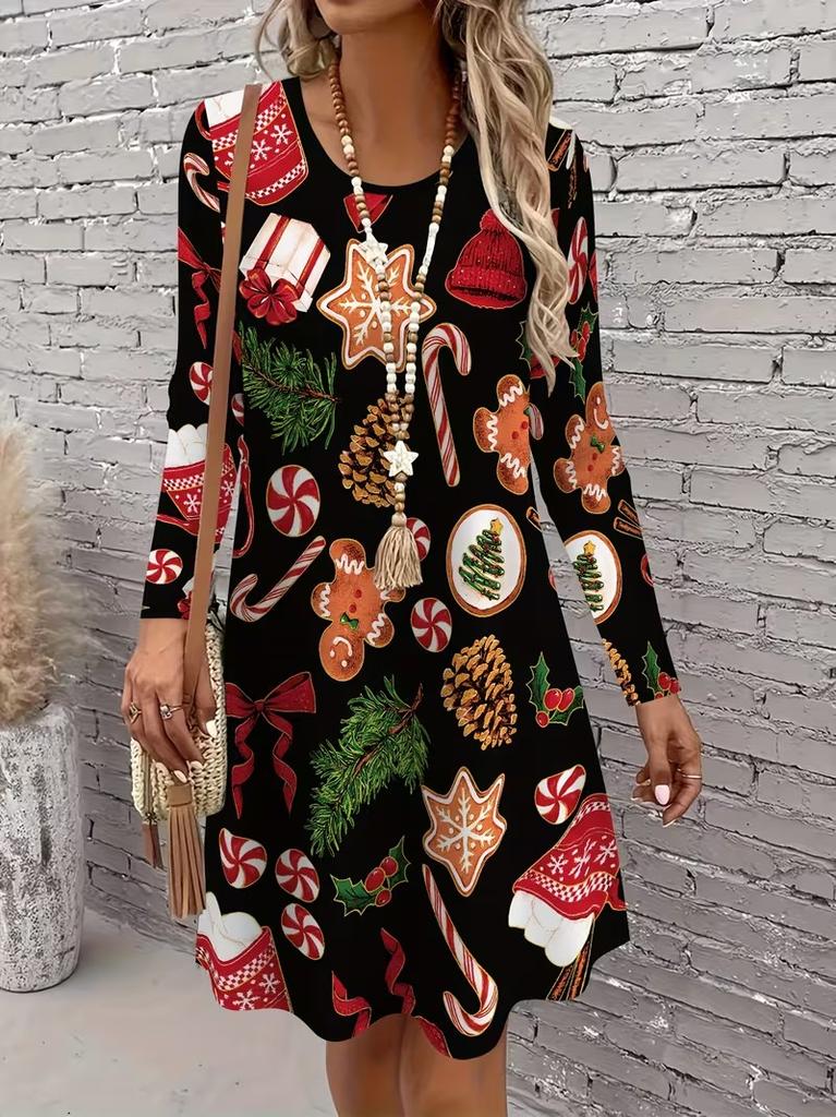 3D Retro Floral Pattern Casual Dress, Women's Autumn Long Sleeved Round Neck Casual Mini Dress
