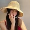 Summer Women Knitted Sun Hat Solid Color Breathable Wide Brim Bucket Hats Ins Korean Girl Beach Travel Windproof Strap Basin Cap