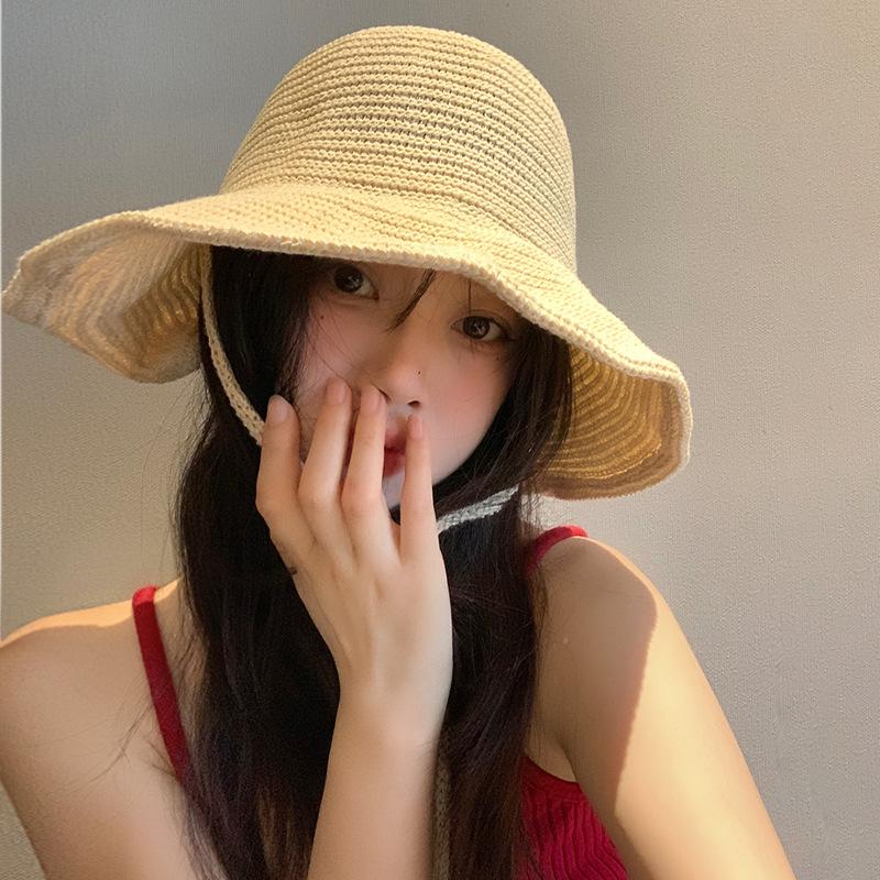 Summer Women Knitted Sun Hat Solid Color Breathable Wide Brim Bucket Hats Ins Korean Girl Beach Travel Windproof Strap Basin Cap
