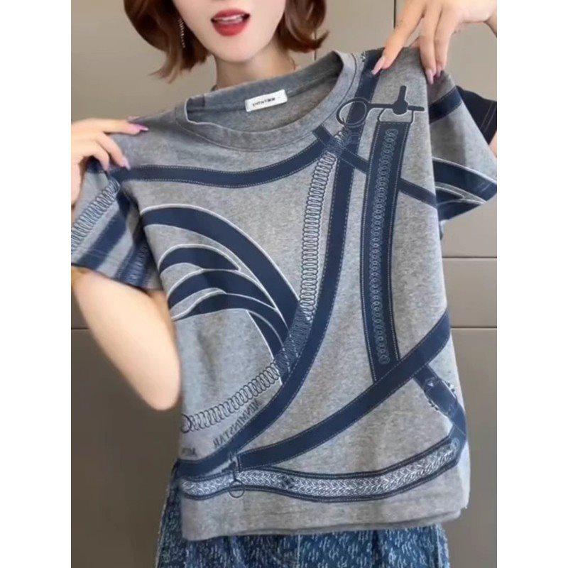 

2025 Summer Women s Fashion Korean Design Cotton Slimming Versatile Round Neck Short Sleeve T-Shirt Plus Size L (100-118 jin)