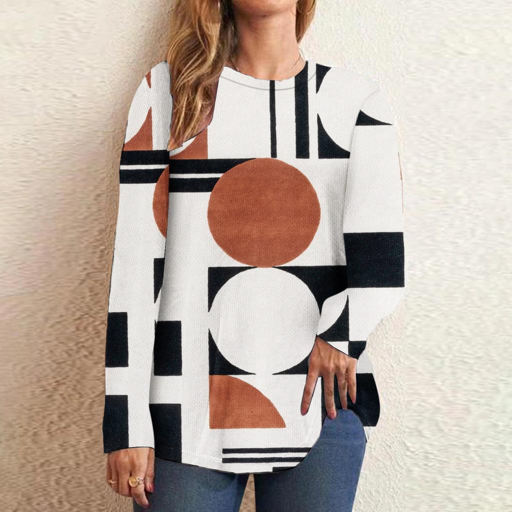 Casual Color Block Long Sleeve Tops For Women Fall Geometric Graphic Crewneck Loose T Shirts Slouchy Tunic Blouses