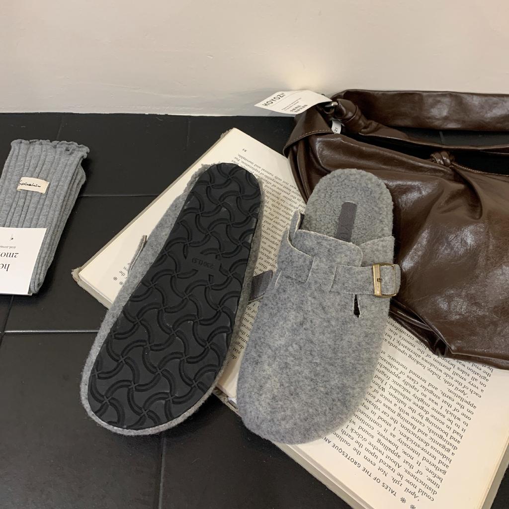 Thick-soled Birkenstock Wool Shoes 2025 Autumn and Winter Korean Version One-word Fluffy Slippers Women Wear Flat-soled Birkenstock Velvet Cotton Shoe