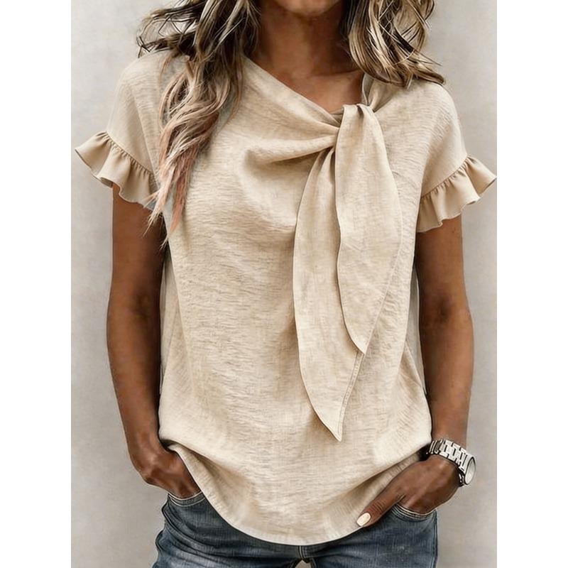 Damen Einfarbige Asymmetrischer Hals Fliege Rüsche Kurzarm Bluse