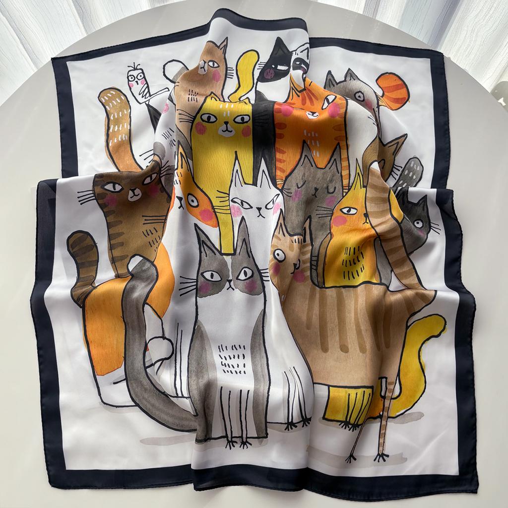 Luxury Square Scarf For Women Elegant Ladies Hijab Soft Stain Neckerchief Bandanas Cartoon Cat Print Faux Silk Scarves Shawl