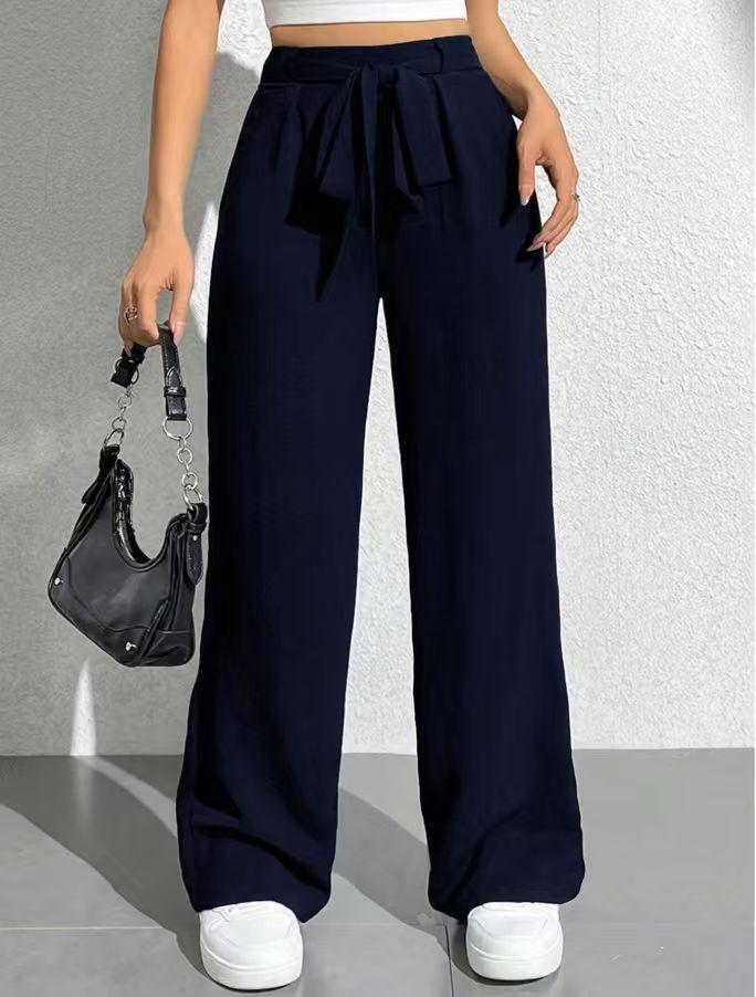 

2026 New Style High Waist Lace-up Women s Wide Leg Casual Pants in Solid Color S темно-синий