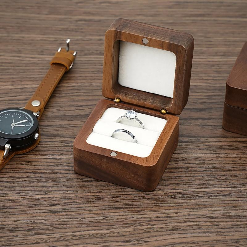 Multifunctional Small Jewelry Box Square Shape Organizer Mini Wooden Ring Box Soft Interior Holder for Proposal Wedding