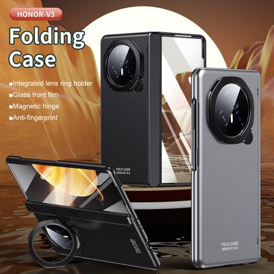 Luxury Business Frosted Plating Hinge Folding Holder Case for Honor Magic V3 Black Gray Ring Bracket and HD Glass Film Front Shockproof Protect Cover