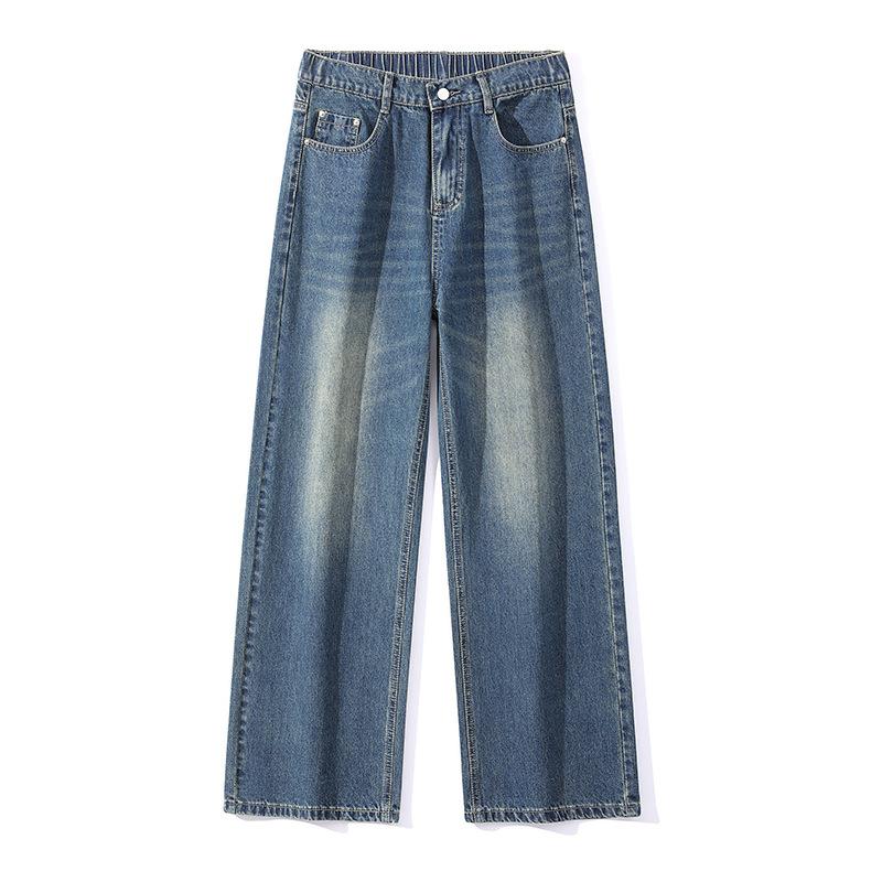 Hong Kong Style Semi-elastic Jeans for Men and Women Loose Straight Wide-leg Pants