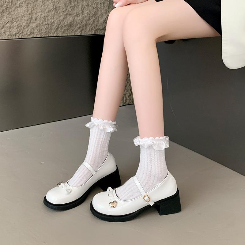 Retro thick heel Mary Jane shoes women's 2025 new bow jk single shoes black one-word buckle belt small leather shoes