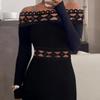 Women Prom Party Dress Bandeau Off Shoulder Hollow Out Sheath Slim Fit Long Sleeve Pure Color Elastic Rhombus Patchwork Mid-calf Length Midi