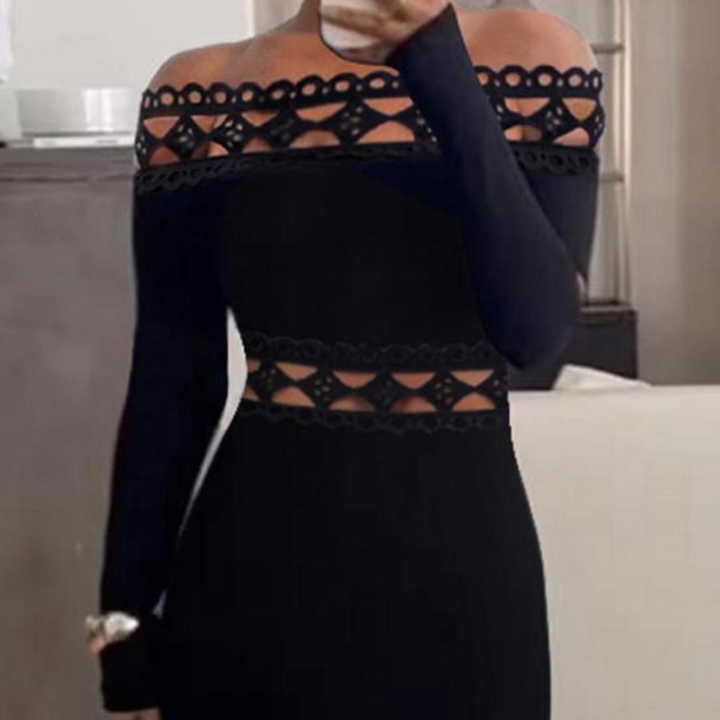 Women Prom Party Dress Bandeau Off Shoulder Hollow Out Sheath Slim Fit Long Sleeve Pure Color Elastic Rhombus Patchwork Mid-calf Length Midi