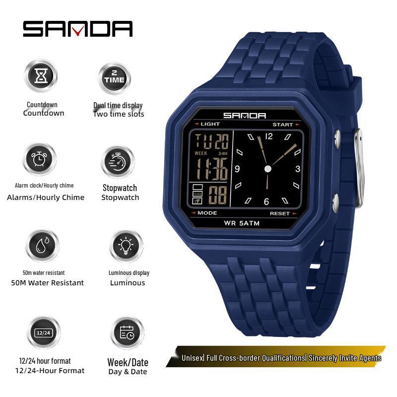 Sanda Creative Square Multifunctional Dual Display Student Watch - Countdown, Alarm, Waterproof, Trendy Electronic Timepiece.