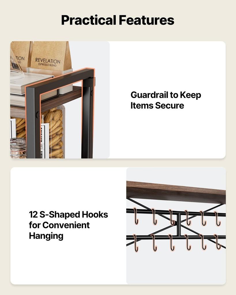 Kitchen Bakers Rack, 800 Mm Width Bakers Rack, Kitchen Stand with X-Shaped Support Bar, 12 S-Shaped Hooks, Double-Layer Top Shelf, Coffee Bar Stand