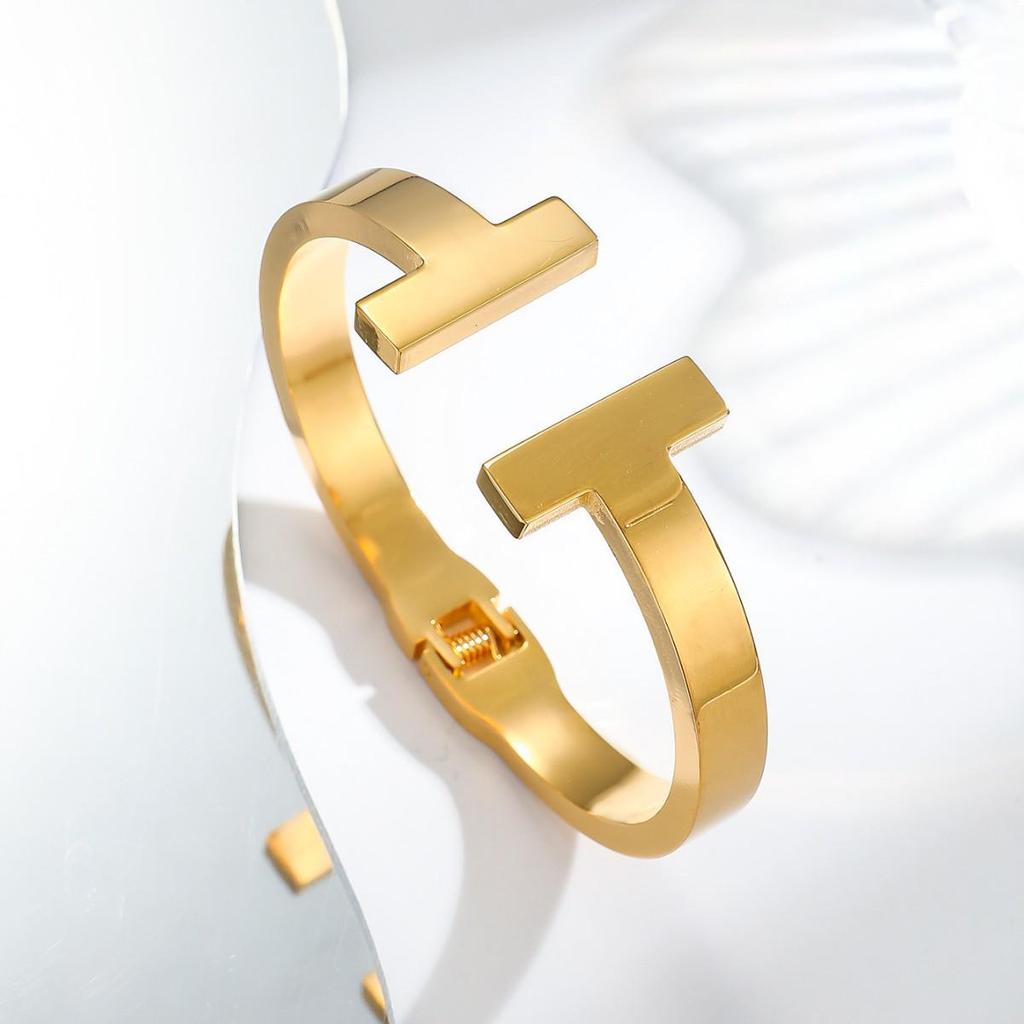 New H Fashion Stainless Steel Light Luxury Double T Open Spring Clasp Women's Bracelet