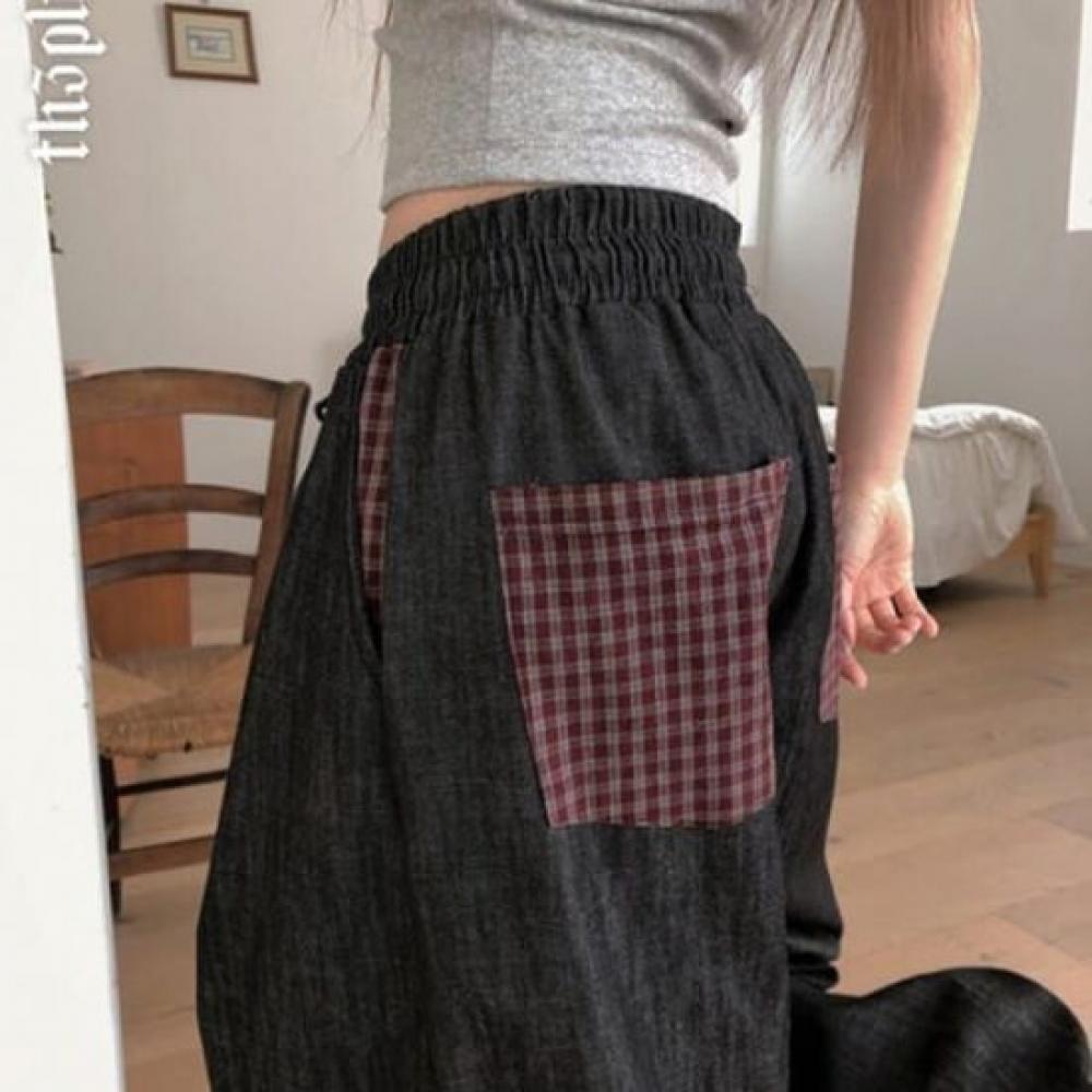 The Pink Wide Denim Pants Check Pocket Non Fade