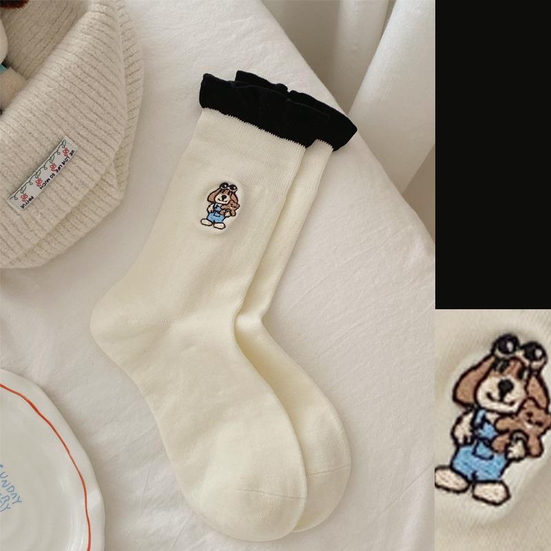 

Sweet Bubble Mouth Socks, Female Cartoon Embroidered Puppy Mid-calf Socks, College-style Color-blocked Lace Pile Socks, Boneless Socks 1 pair білий