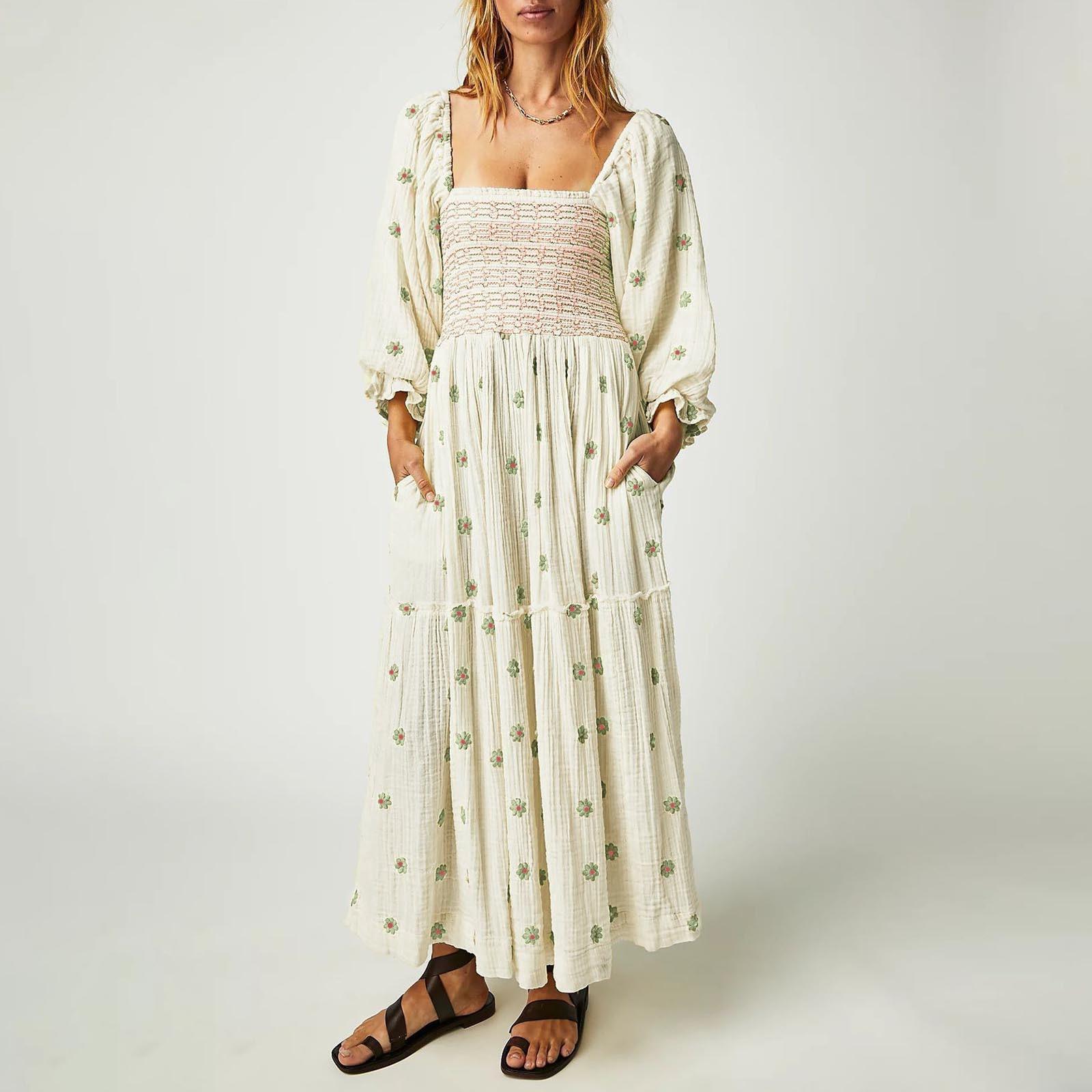 

Осеннее женское повседневное платье с квадратным воротником и роговыми рукавами, длинная юбка, повседневные и летние макси-платья для женщин S бежевый