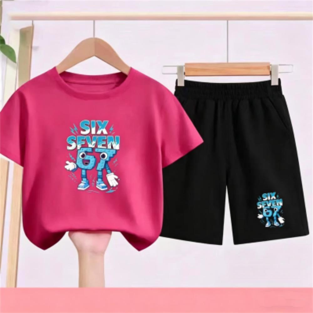 Fashion Cartoon 67 Print Kids Short Sleeve T-shirt Set Girls Boy White Black T-shirt Shorts 2pcs Outdoor Casual Kids Set Clothing