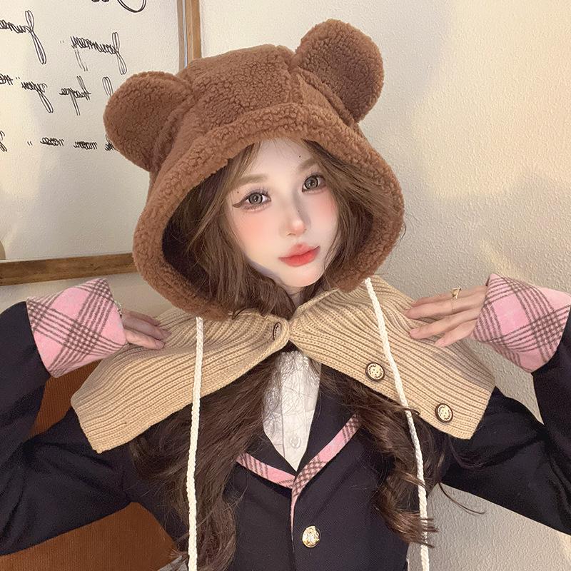 Women's Winter Warm Wool Hat Scarf Integrated Bear Ear Protection Knit Hat Women
