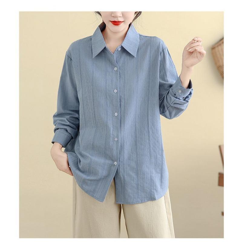 Solid Color Long-sleeved Shirt Spring and Autumn Versatile Casual Loose Simple Jacquard Striped Top