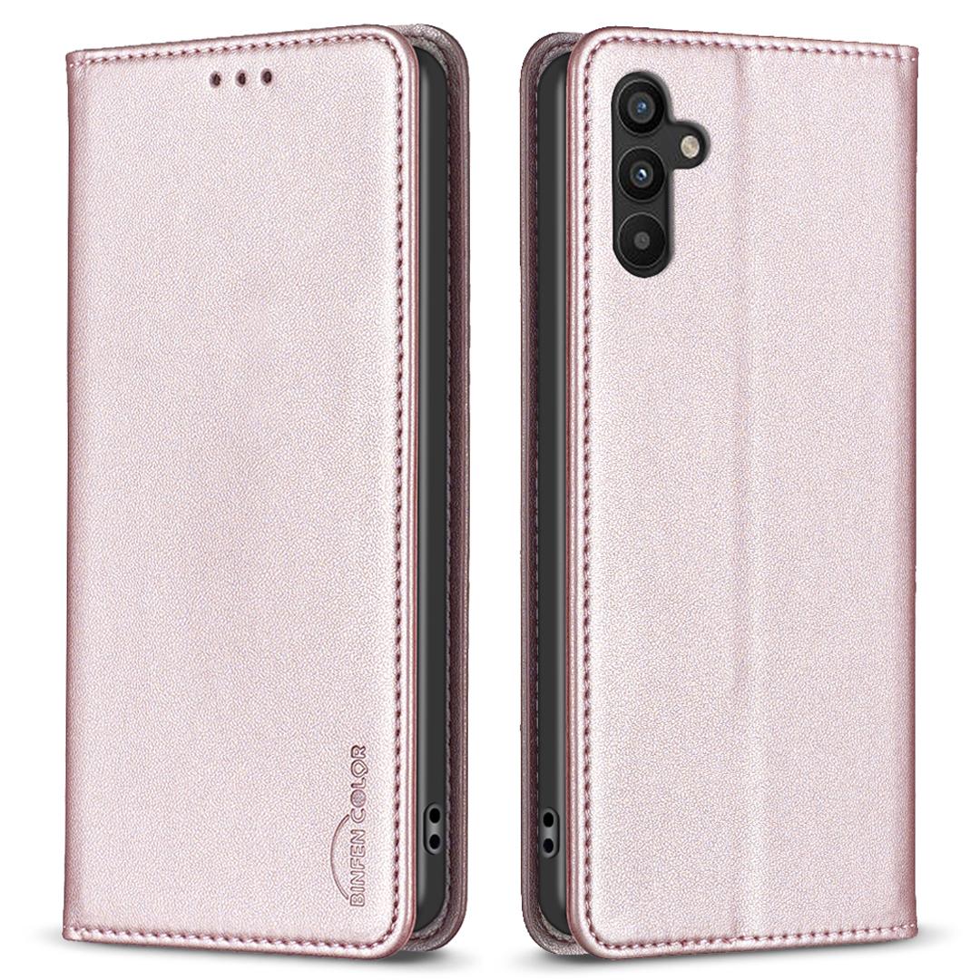 

BINFEN COLOR BF18 For Samsung Galaxy A34 5G PU Leather Folio Cover Flip Stand Card Slot Phone Case Rose Gold