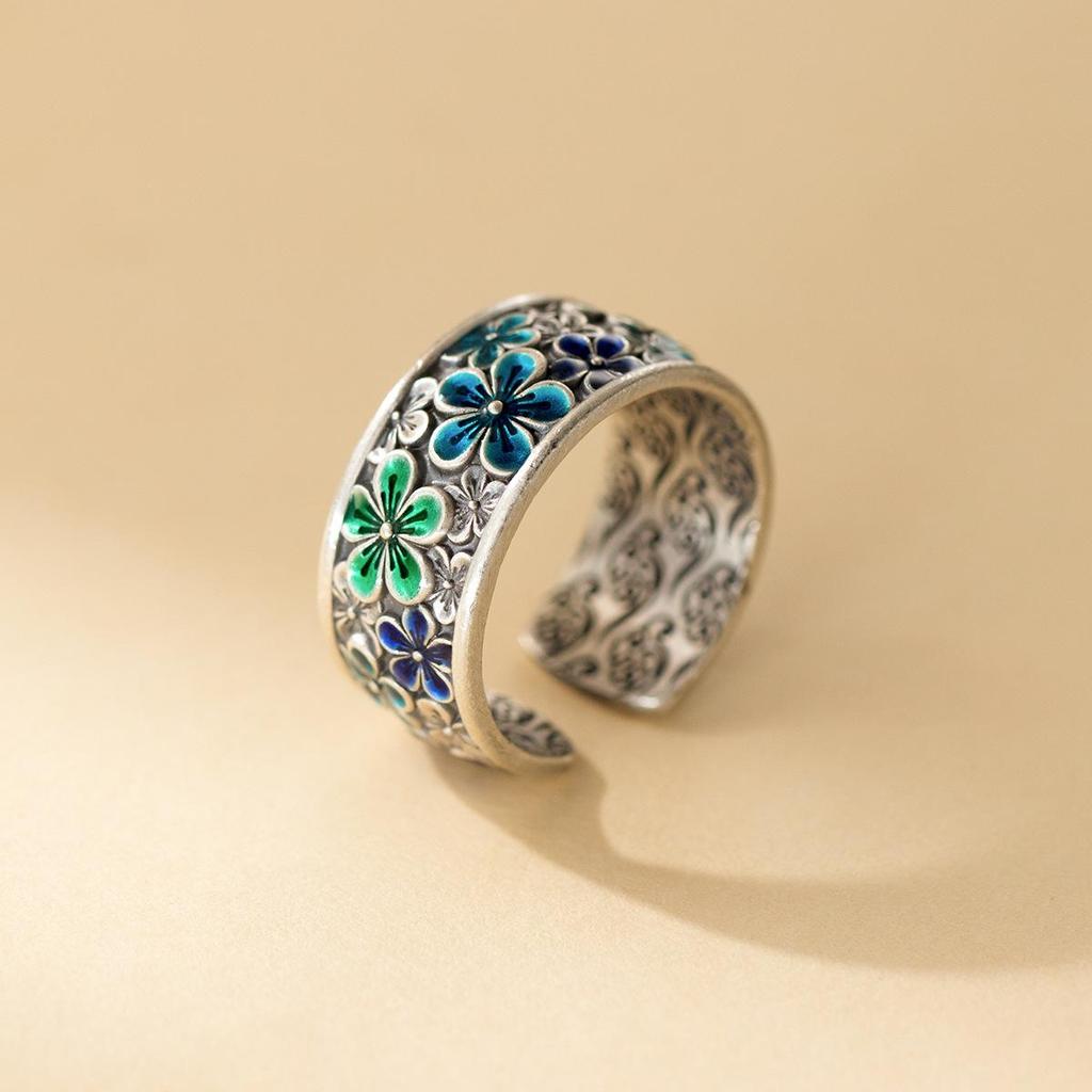 Neuer Chinesischer Ethno-Stil Personalisierter Offener Blumenring Emaille Bunt Vintage Schwere Industrie Verstellbarer Ring Lässig Alltag Zierlicher Minimalistischer Ring