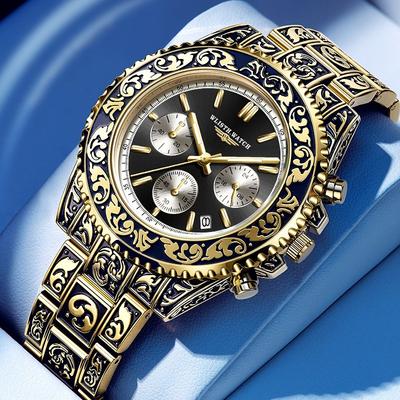 Topmarke Multifunktionale Herrenuhr Retro Leuchtend Geschnitzt Quarz Kalenderuhr