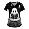 Women Halloween Print Loose V Neck Short Sleeve Medical Scrub Top Nurse Uniform with Pockets Comfortable Fit Professional Workwear