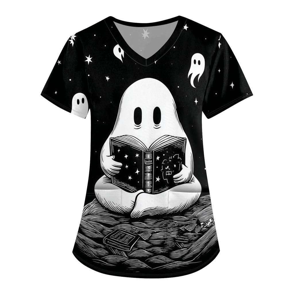 Women Halloween Print Loose V Neck Short Sleeve Medical Scrub Top Nurse Uniform with Pockets Comfortable Fit Professional Workwear