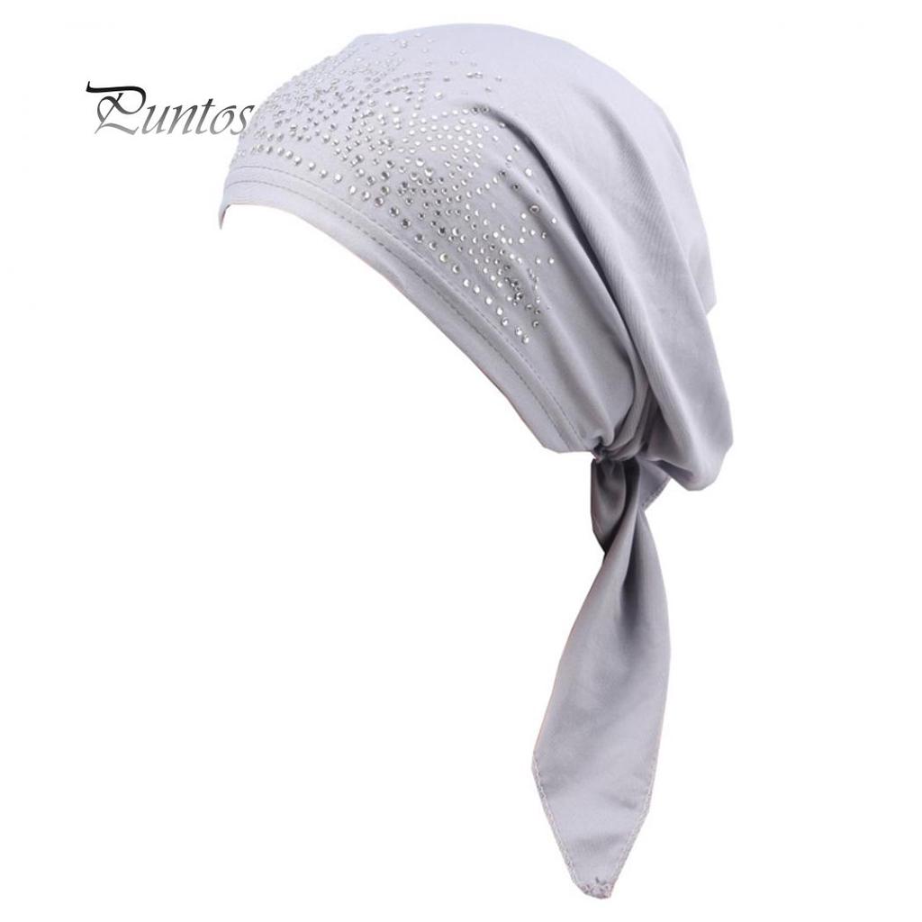 Cute Lady Rhinestone Muslim Turban Hat Chemo Cap Hair Loss Hijab Cap Cover