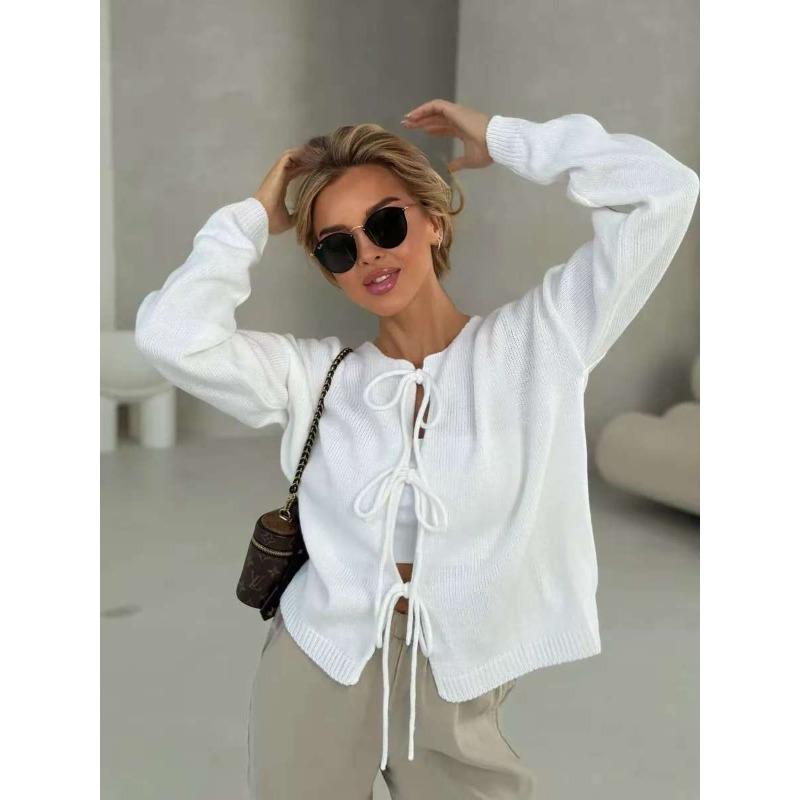 Women S Loose Knit Long Sleeve Round Neck Tie Cardigan Sweater