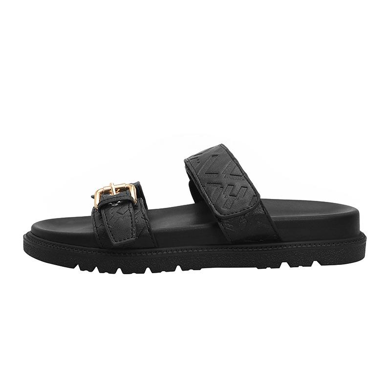 Thick-soled One-word Sandals Women's Metal Buckle Velcro Flat-soled Sandals Lazy Beach Cover Wearing Slippers