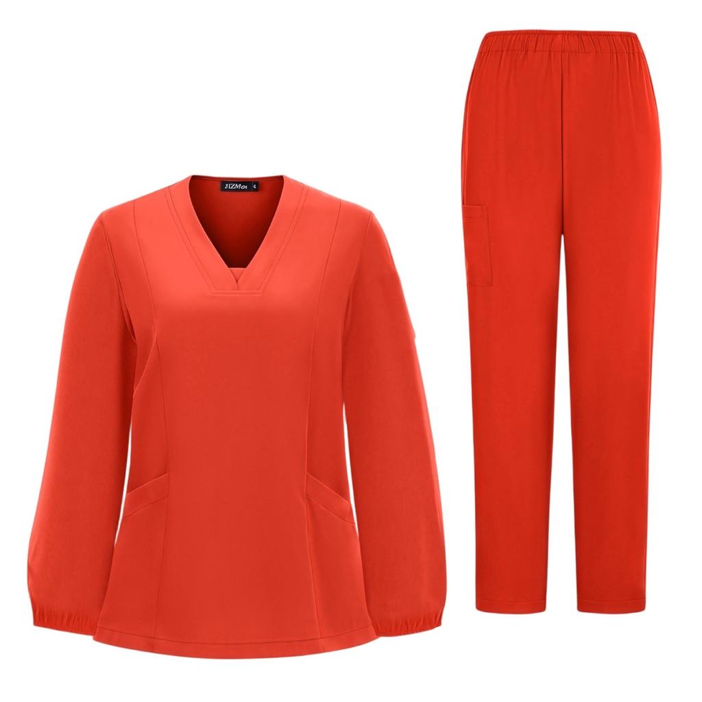 Women's Quick Drying Fabric Solid Color V-neck Pocket Long Sleeve Pants Set Workwear