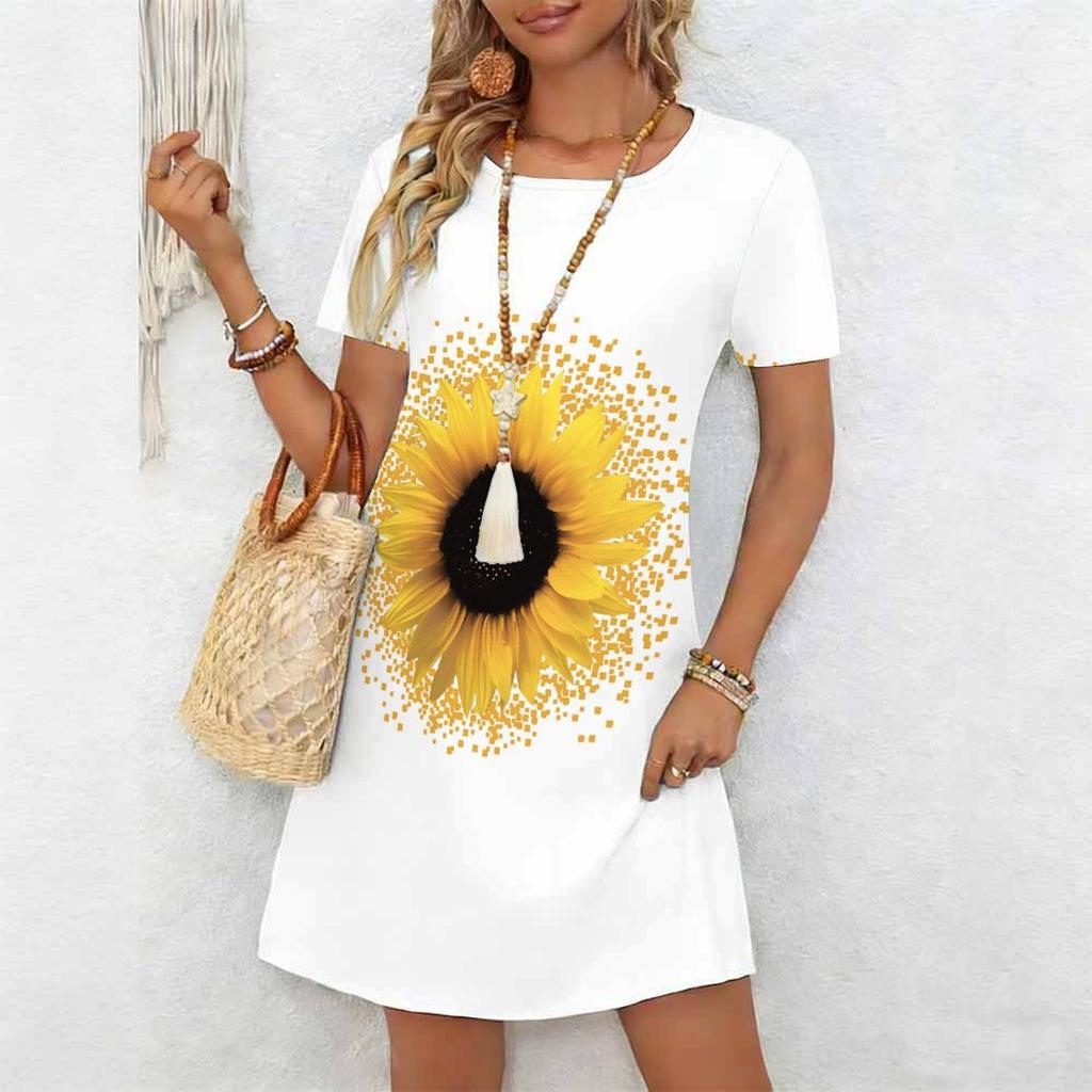 Women's Fashion Graceful Beautiful  Flowers  Print Summer Spring Short Sleeve O-Neck Casual Dresses