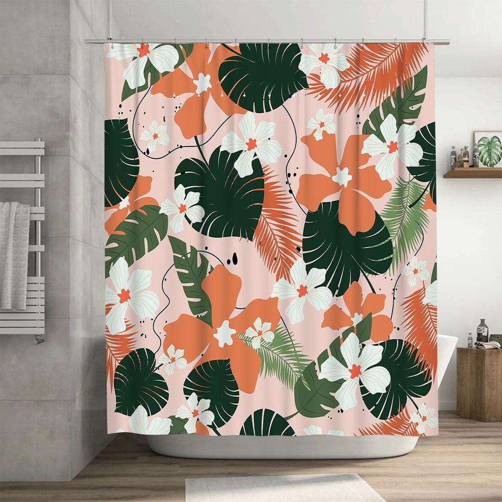Bright Tropical Shower Curtain with Green Leaves and White Flowers Modern Home Decor for Bathroom