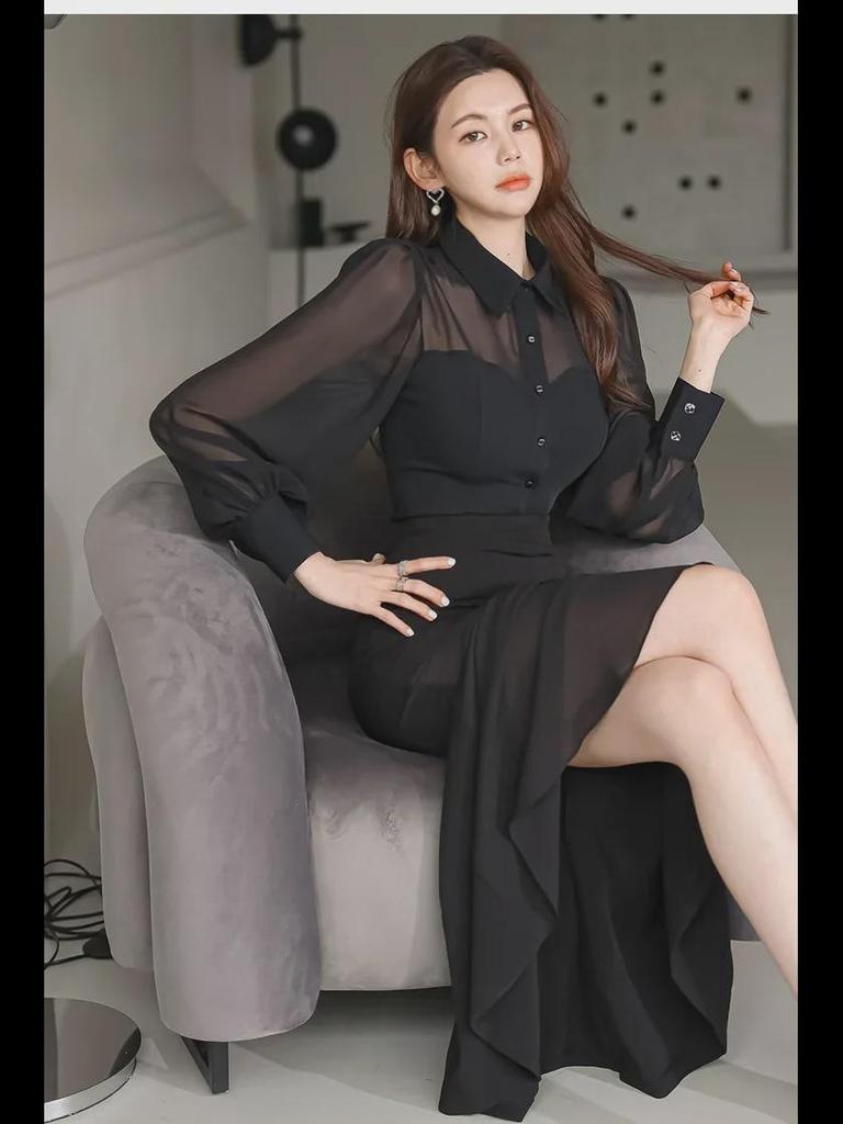Korean Style Women's Autumn 2023 Slim Fit Ruffle Hem Dress