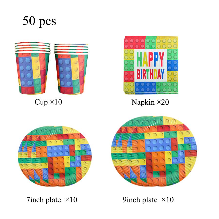 Building Block Children's Outdoor Birthday Decoration Tableware Paper Cup Plate Napkin Cake Topper Blowout Gift Bag Party Favors