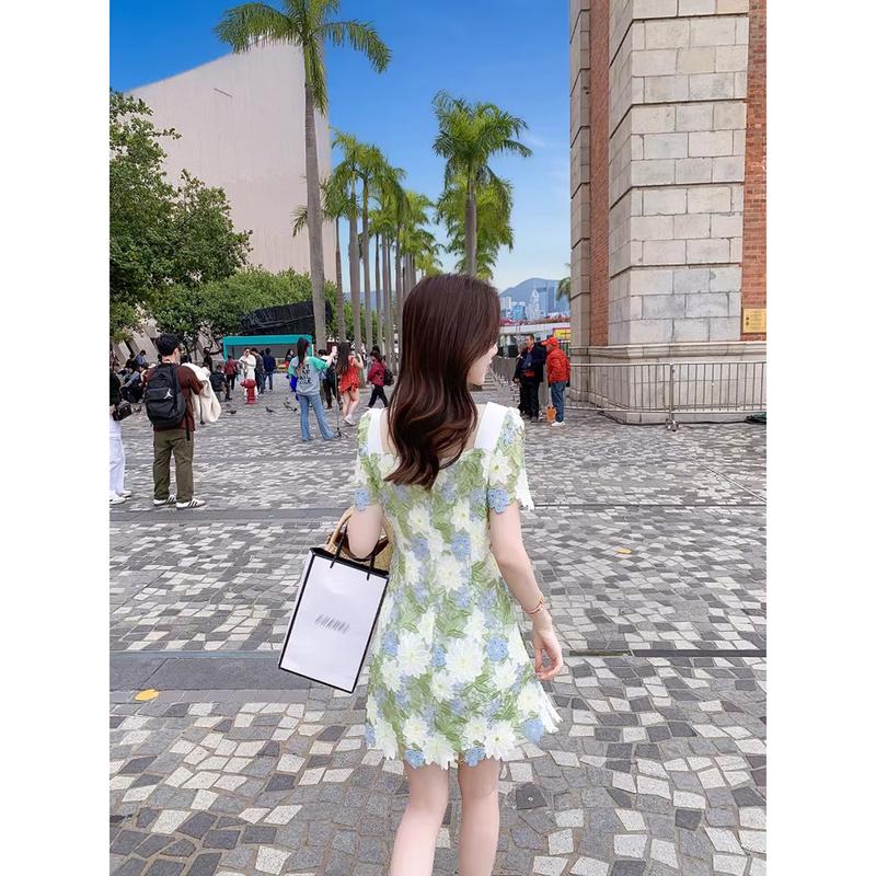 Women s Elegant Square Neck Crochet Summer Dress S