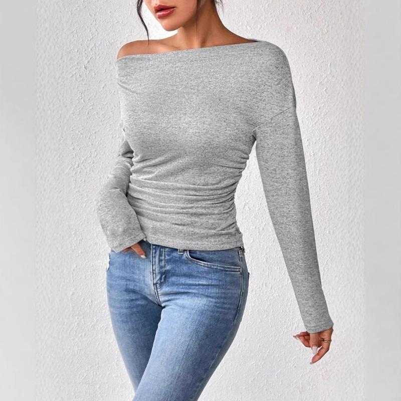 Top Europeo da Donna a Spalle Scoperte con Scollo Asimmetrico Maniche Lunghe Eleganti per Primavera Autunno