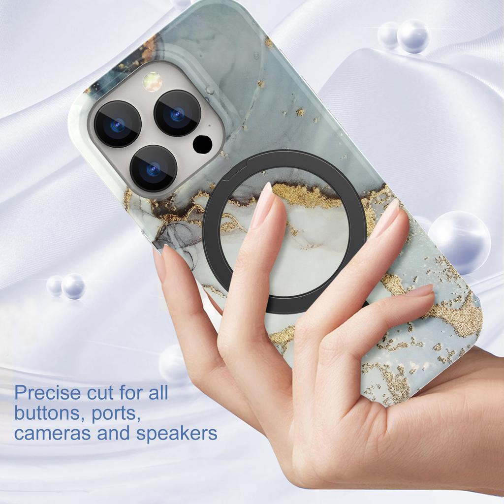 For iPhone 15 Pro Max Kickstand Case Marble Pattern PC+TPU Magnetic Phone Cover